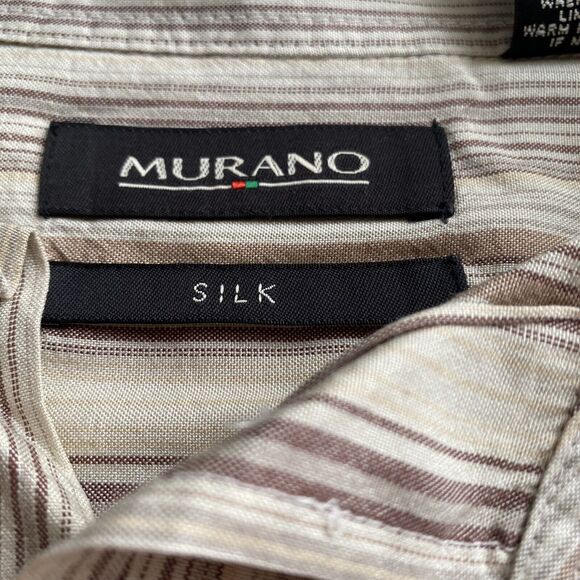 Murano Shirt Size Large Brown Tan Striped Short Sleeve Camp 100% Silk Button Up - Picture 5 of 7
